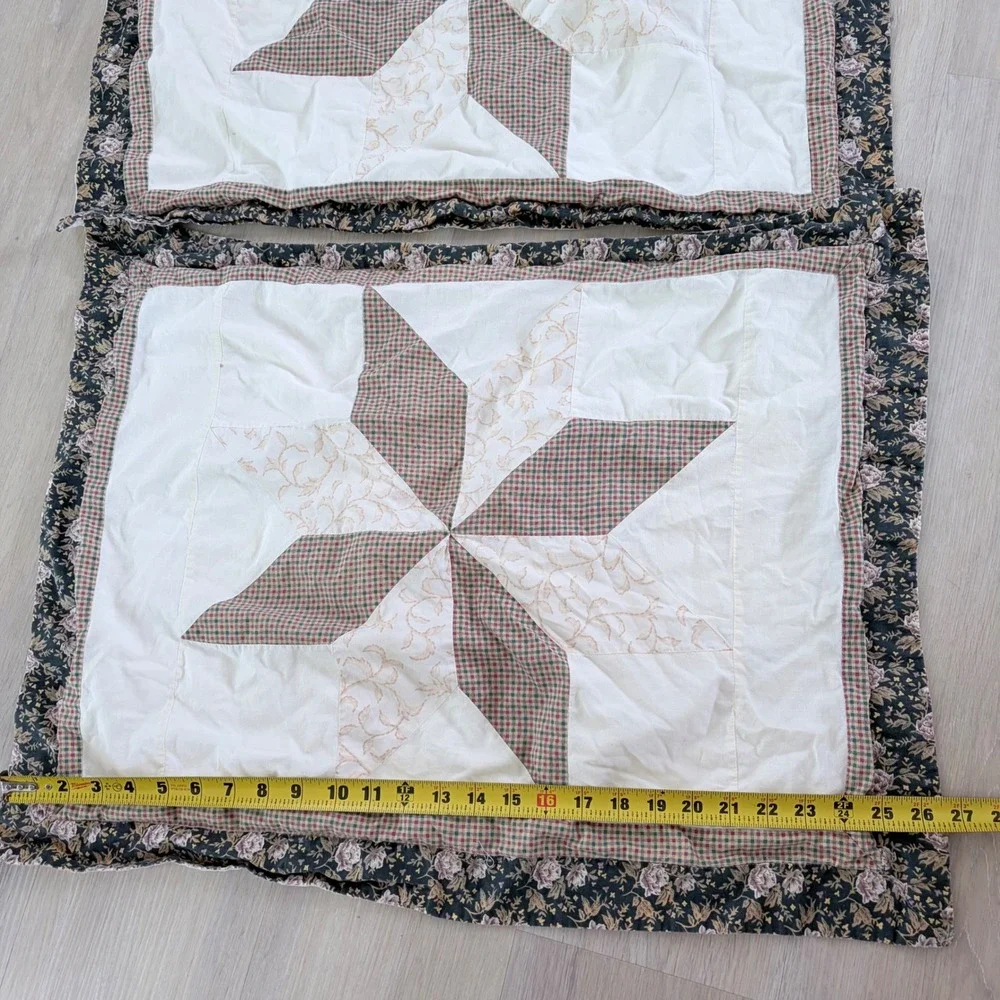 Vintage Quilted Star Patchwork Pillow Shams Set of 2 Floral Gingham Farmhouse
